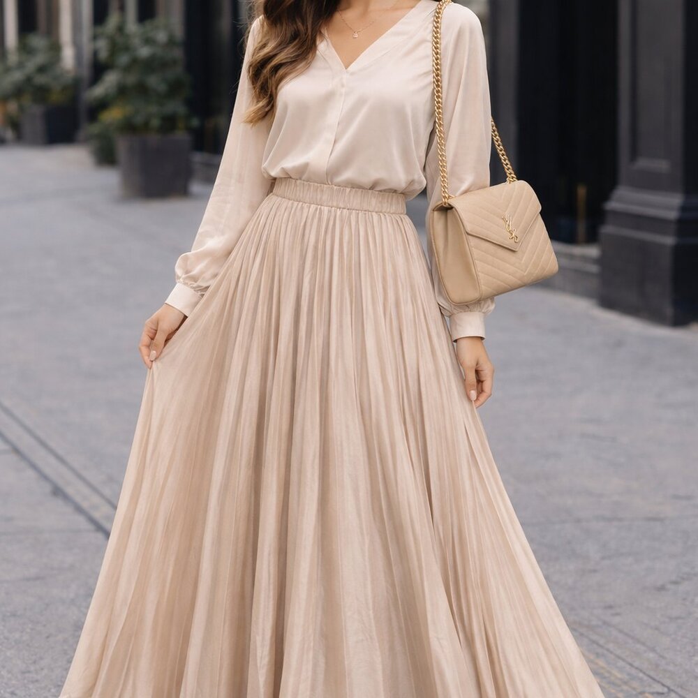 NWT VICI Full Pleated Maxi Skirt Ivory Satin Sheen, Elegant Neutral Flowy, Large